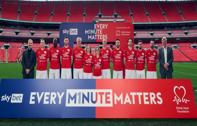 Footballers and cardiac arrest survivors at the Every Minute Matters campaign launch at Wembley in May 2024